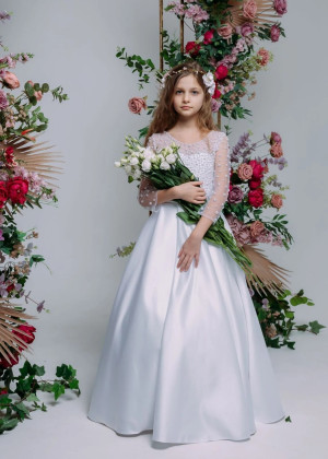 White Pearls Satin V Back Flower Girl Dress